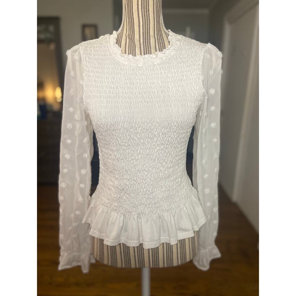 Hudson Gray white mixed media smocked long sleeve top